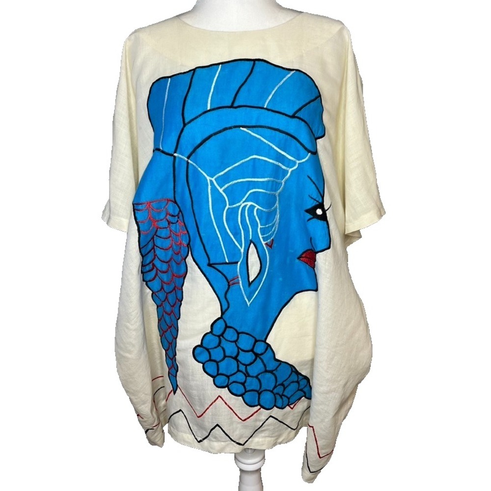 Debikol Exclusive Vtg Tunic L Linen Hand Painted Female Motif Eccentric Art 80's - Picture 1 of 8